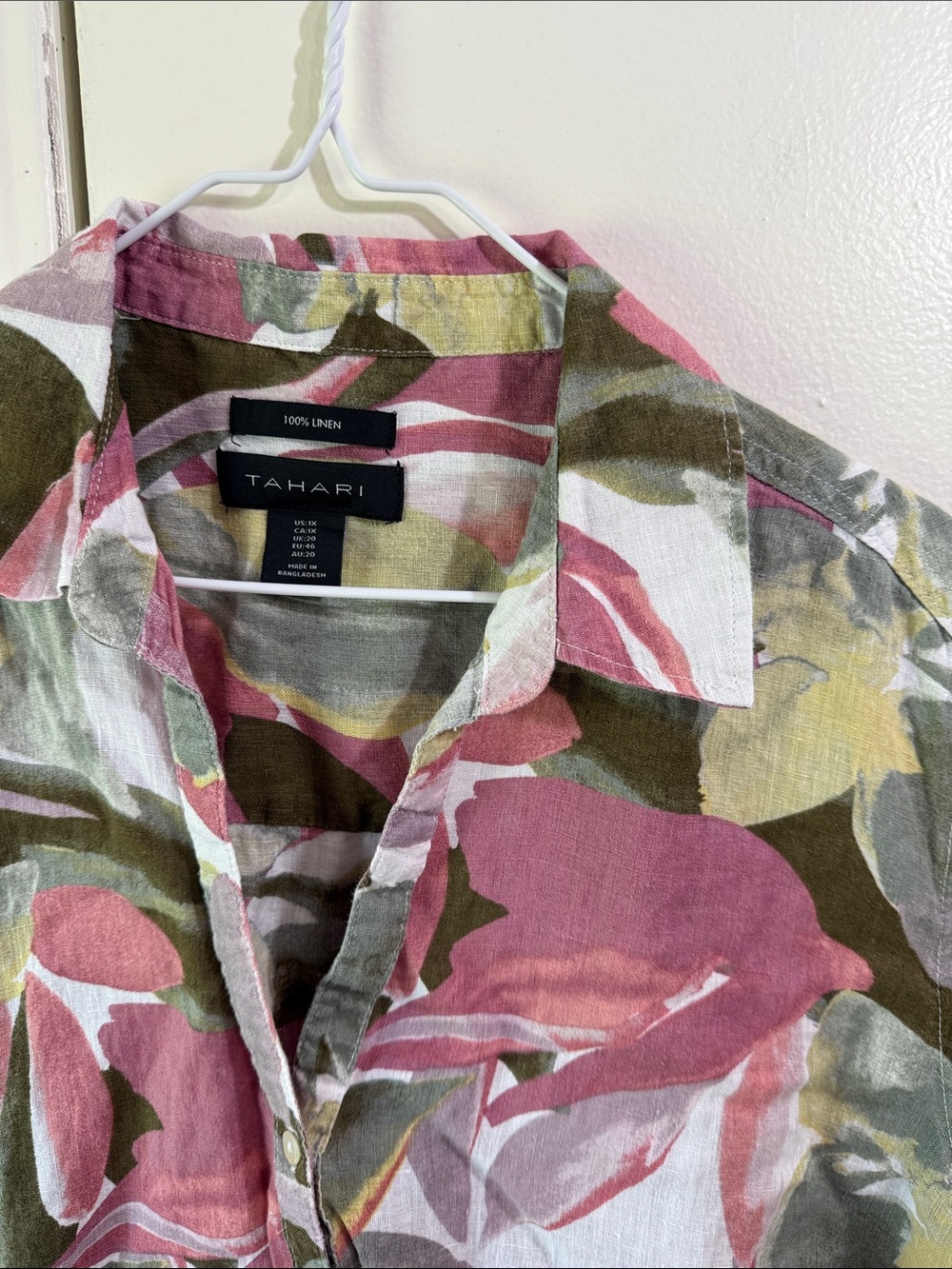 Tahari 100% Linen Floral Button Blouse Resort Vacation Beach High Low Top 1X - Picture 6 of 13
